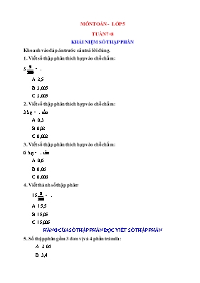 Đề khảo sát môn Toán Khối 5 - Tuần 7+8